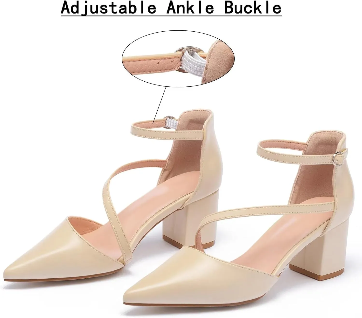 Frank Mully Women's Heel Pumps Close Toe Heels Low Block Chunky Pumps Shoes with Ankle Straps Wedding Party Dress Shoes Rhinestone