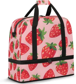 Fruit Strawberry Watercolor Travel Duffel Bags for Women & Men Large Sports Gym Bags Foldie Weekender Overnight Bag Carry On Tote Bag With Shoe Compartment Personal Item Bag for Travel Sports Gym