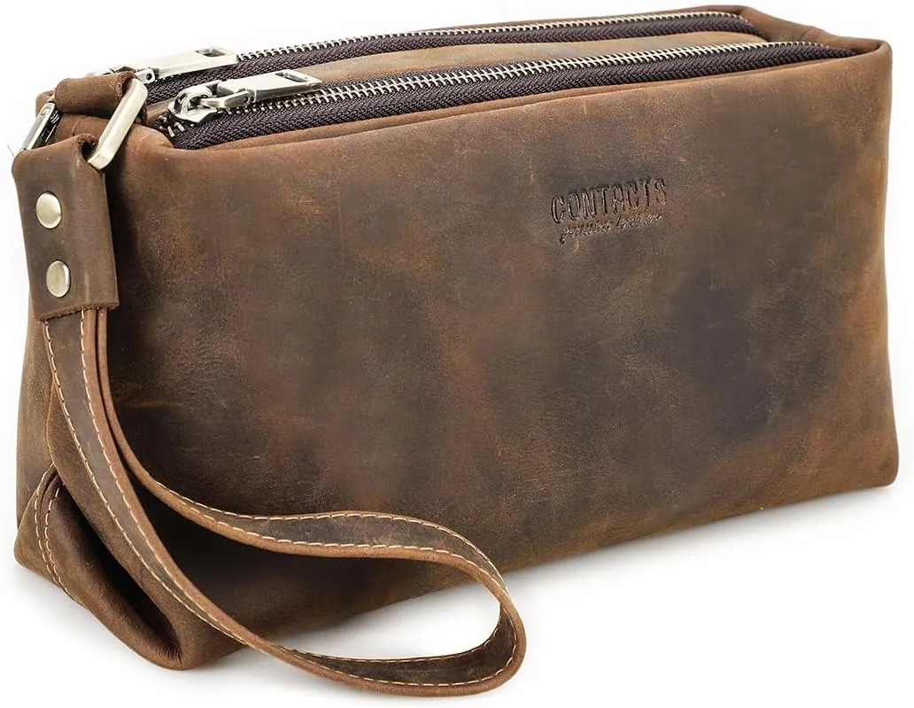 Full Grain Leather Double Zipper Clutch Bag for Men Travel Clutch Wallet Large Wristlet Purse with 6 Card Slots, Fit 8.3" iPad
