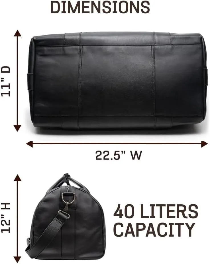 Full Grain Leather Duffle Bag – 40L Travel, Gym & Carry-On Weekender for Men | Handcrafted Overnight Bag with Brass Hardware, Black Style