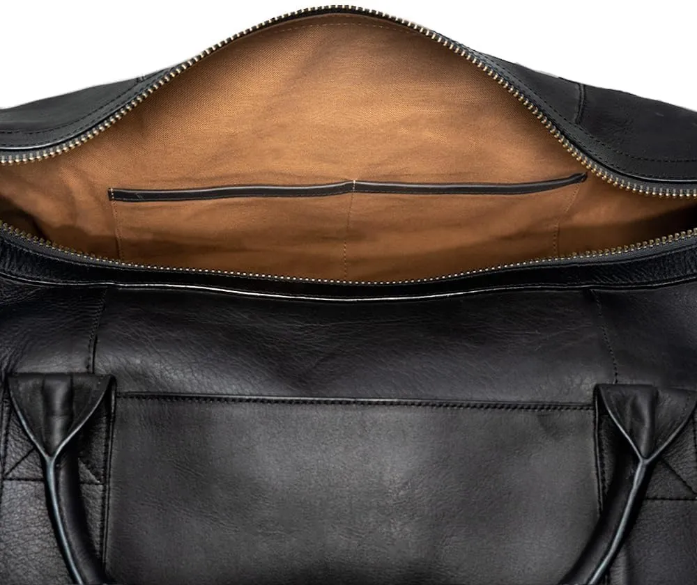 Full Grain Leather Duffle Bag – 40L Travel, Gym & Carry-On Weekender for Men | Handcrafted Overnight Bag with Brass Hardware, Black Style