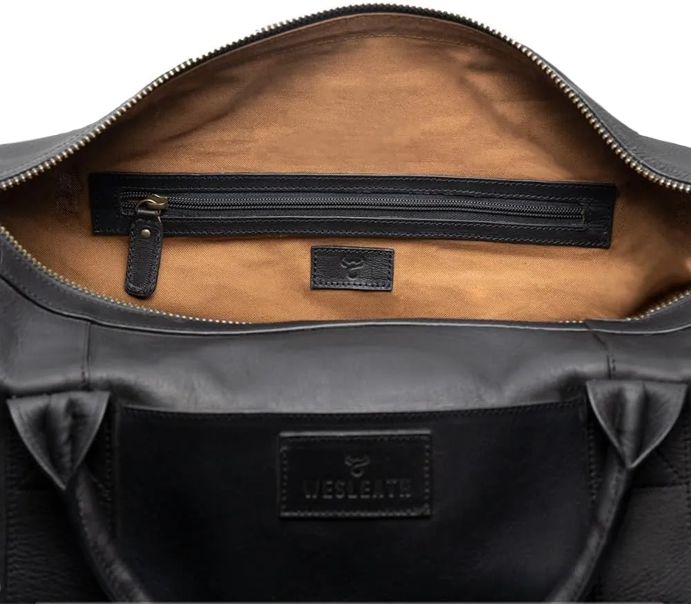Full Grain Leather Duffle Bag – 40L Travel, Gym & Carry-On Weekender for Men | Handcrafted Overnight Bag with Brass Hardware, Black Style