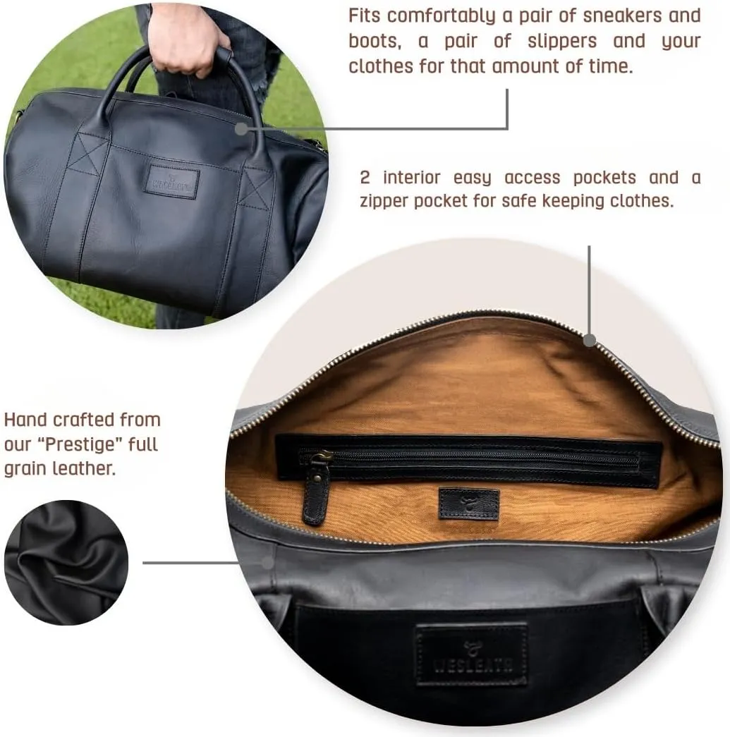 Full Grain Leather Duffle Bag – 40L Travel, Gym & Carry-On Weekender for Men | Handcrafted Overnight Bag with Brass Hardware, Black Style
