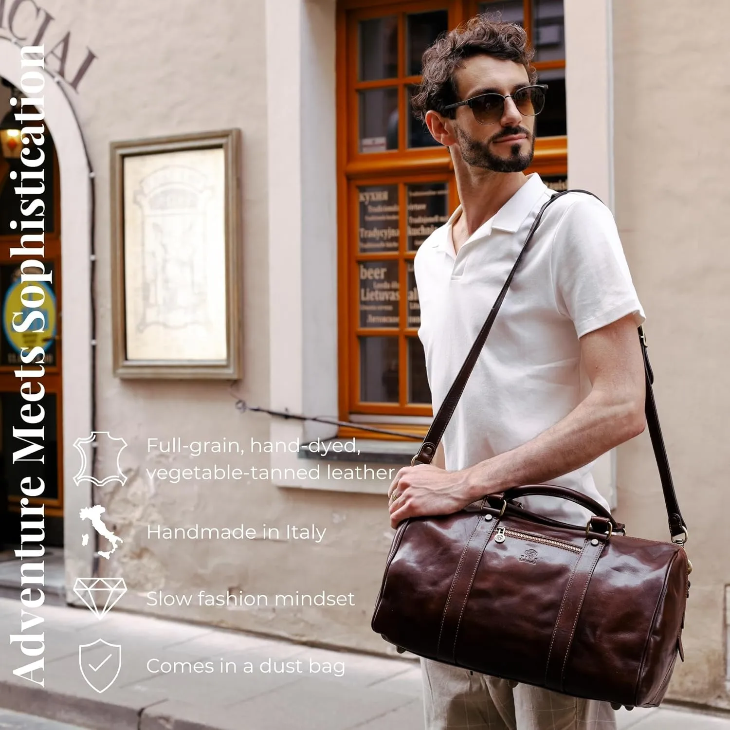 Full Grain Leather Small Duffel Bag Gym Bag Weekender Overnight Unisex Brown - Time Resistance