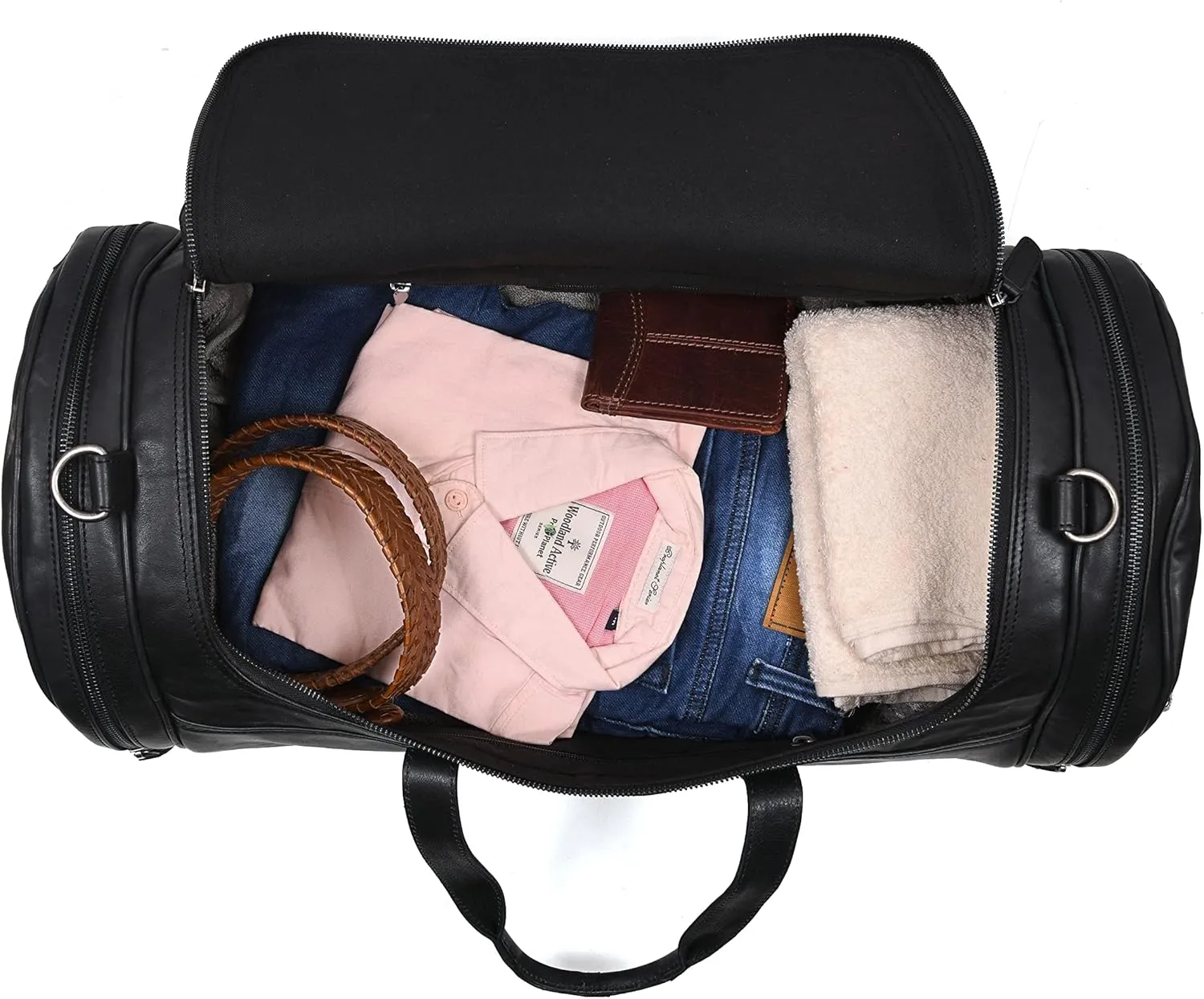 Full Grain Leather Travel Duffle Barrel Bag With Adjustable Straps 22 Inch Large Compartment & Zippered Side Pockets Weekend Overnight Bag
