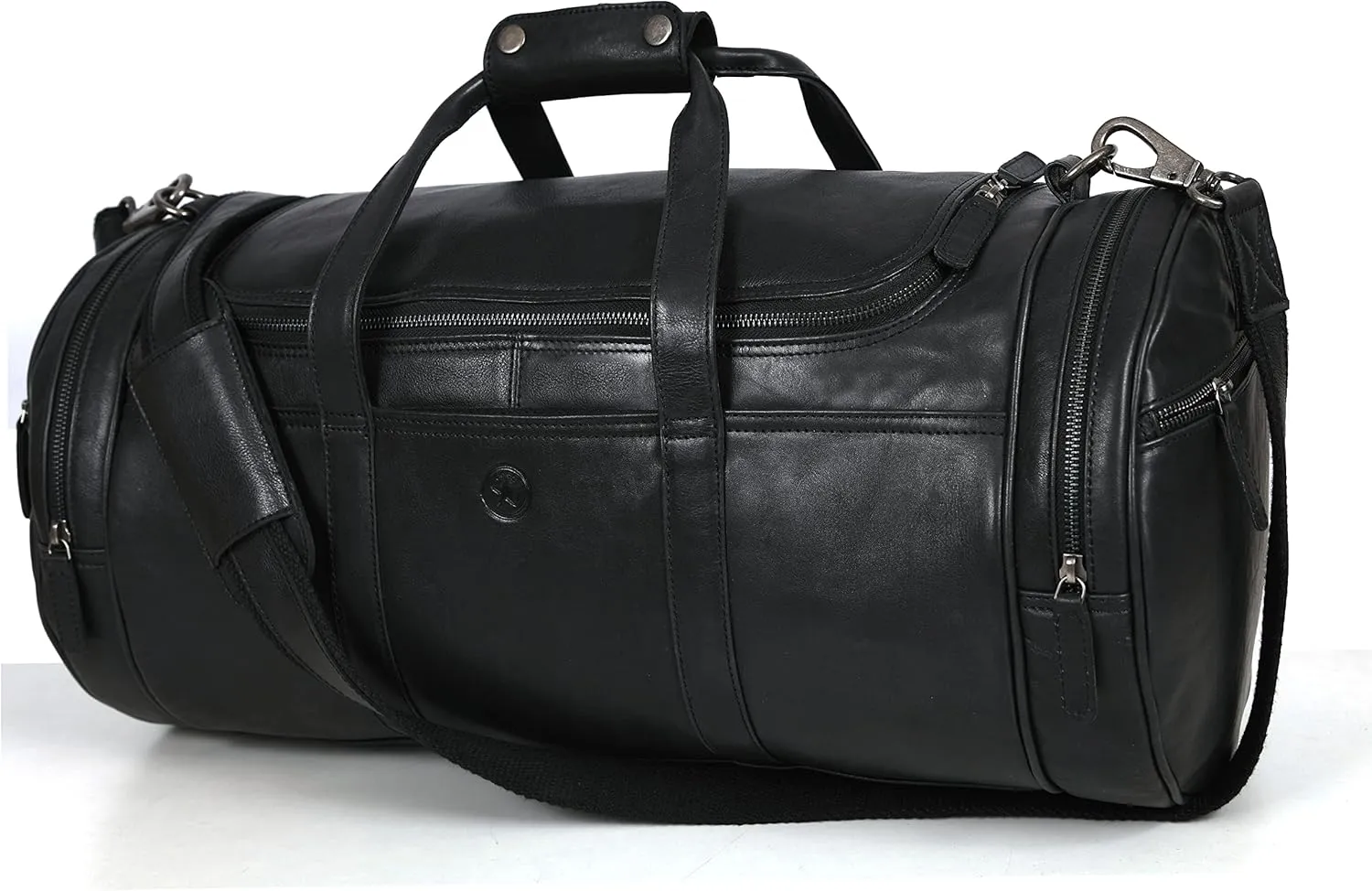 Full Grain Leather Travel Duffle Barrel Bag With Adjustable Straps 22 Inch Large Compartment & Zippered Side Pockets Weekend Overnight Bag