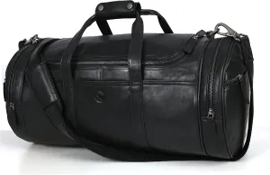 Full Grain Leather Travel Duffle Barrel Bag With Adjustable Straps 22 Inch Large Compartment & Zippered Side Pockets Weekend Overnight Bag