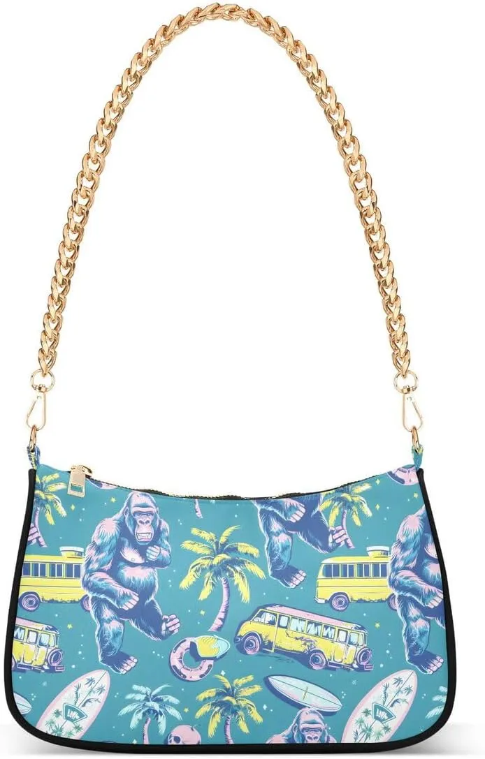 Funny Gorilla Palm Tree Bus Tote Bag Hobo Handbag Shoulder Bag for Women Ladies Mini Clutch Purse with Zipper Closure