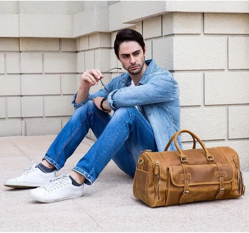 Genuine Cow Leather Weekend Duffel Bag | Handmade | Includes Laptop Space | Stylish Travel Companion (24 X 10 X 10)