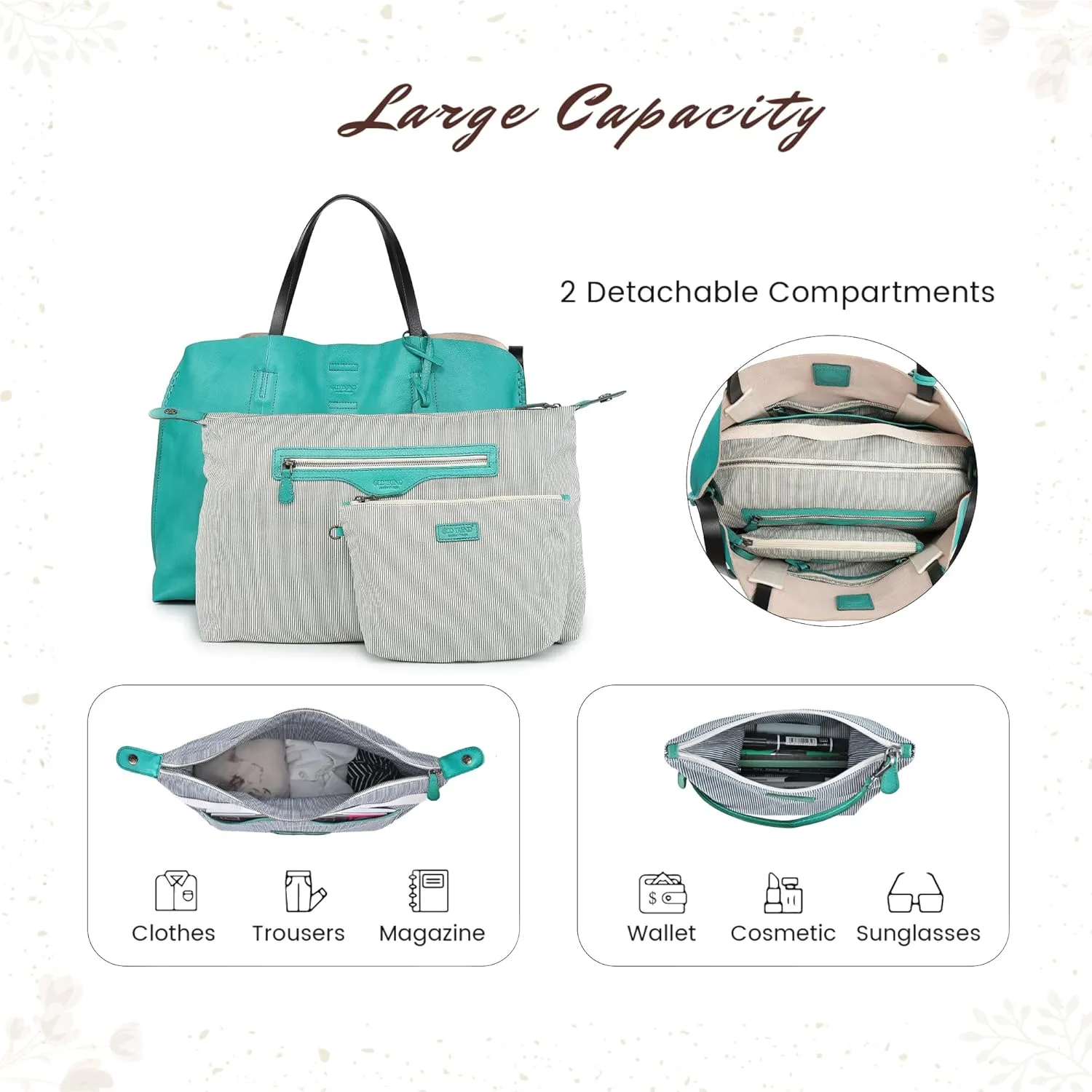 Genuine Leather Forest Island Tote | Spacious Handbag with Removable Inner Pouches