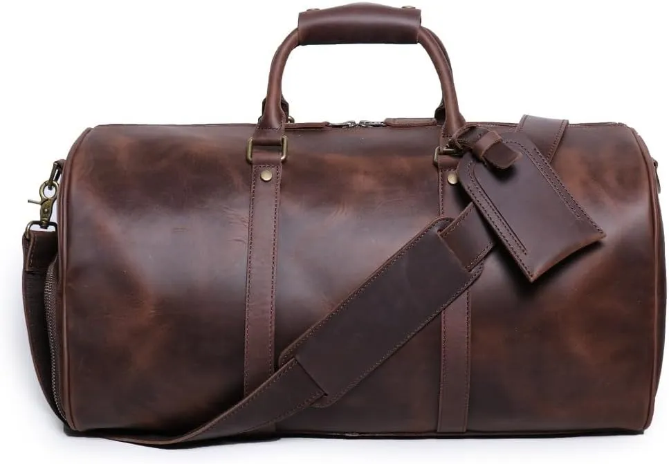 Genuine Leather Men Travel Bag Cowhide Luggage Bags Shoulder Bag Weekend Bag Overnight Gym Sports Carry On Duffel Bag (Vintage Brown-Large with shoe compartment)