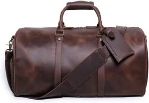 Genuine Leather Men Travel Bag Cowhide Luggage Bags Shoulder Bag Weekend Bag Overnight Gym Sports Carry On Duffel Bag (Vintage Brown-Large with shoe compartment)