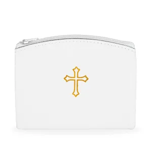 Genuine Leather Rosary Pouch Zipper Design with Cross Imprint - White