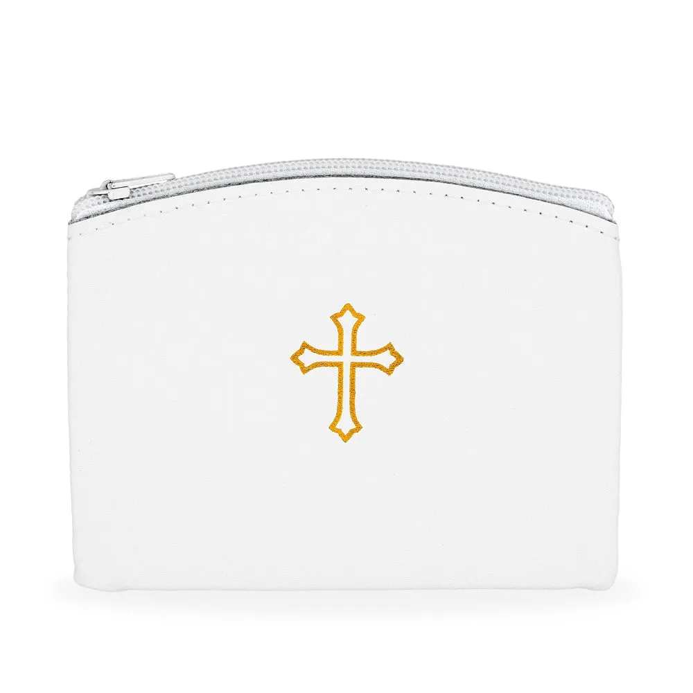 Genuine Leather Rosary Pouch Zipper Design with Cross Imprint - White