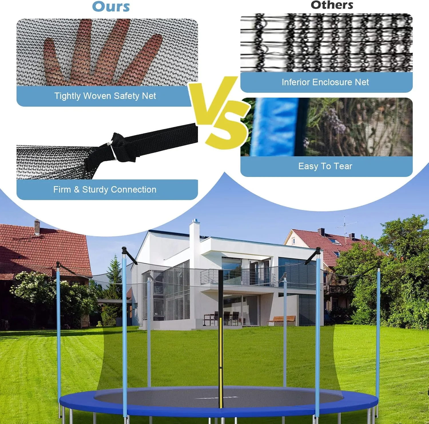 Giantex Trampoline Safety Net w/Adjustable Straps, 8 10 12 14 15 16Ft Weather-Resistant Replacement Enclosure Net with Double-Headed Zipper, Protection Buckle, Poles Not Included