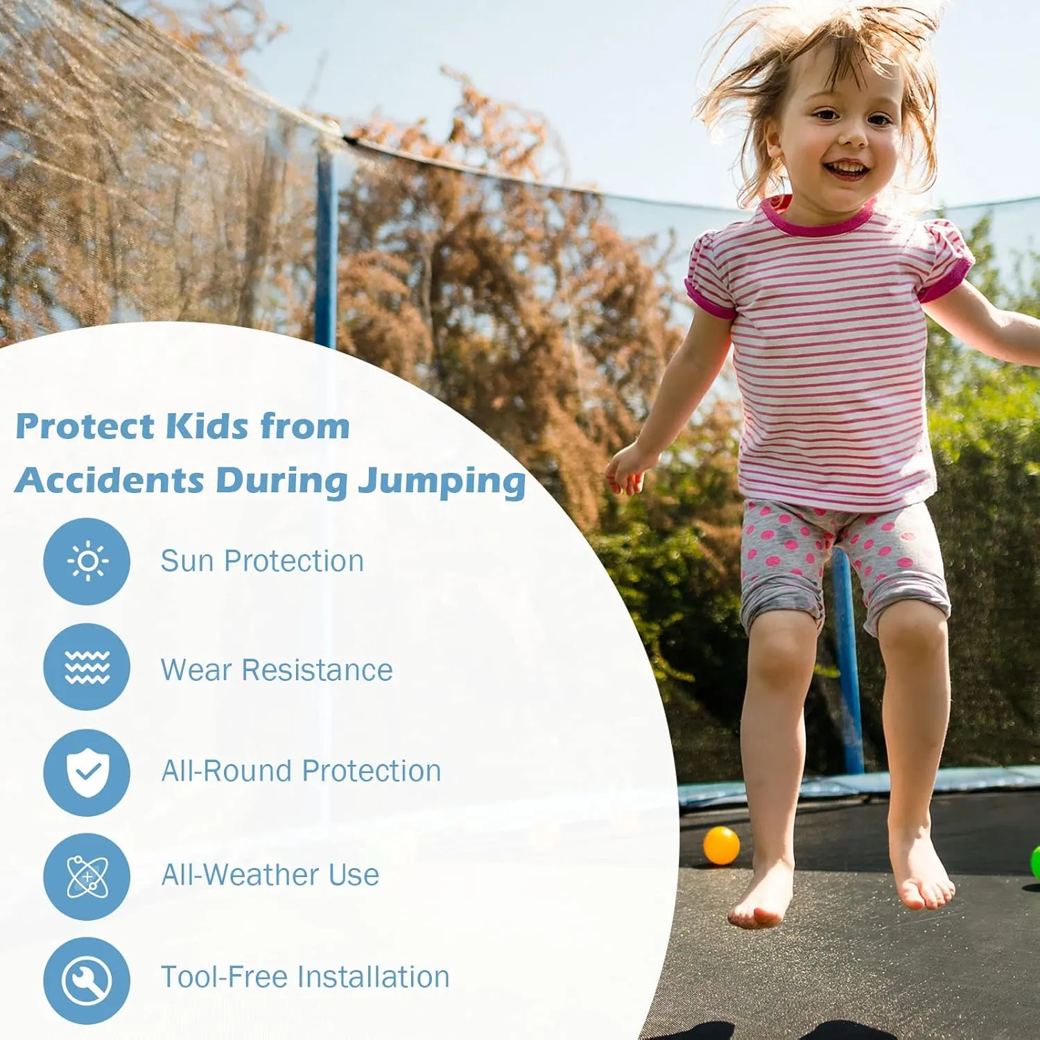 Giantex Trampoline Safety Net w/Adjustable Straps, 8 10 12 14 15 16Ft Weather-Resistant Replacement Enclosure Net with Double-Headed Zipper, Protection Buckle, Poles Not Included