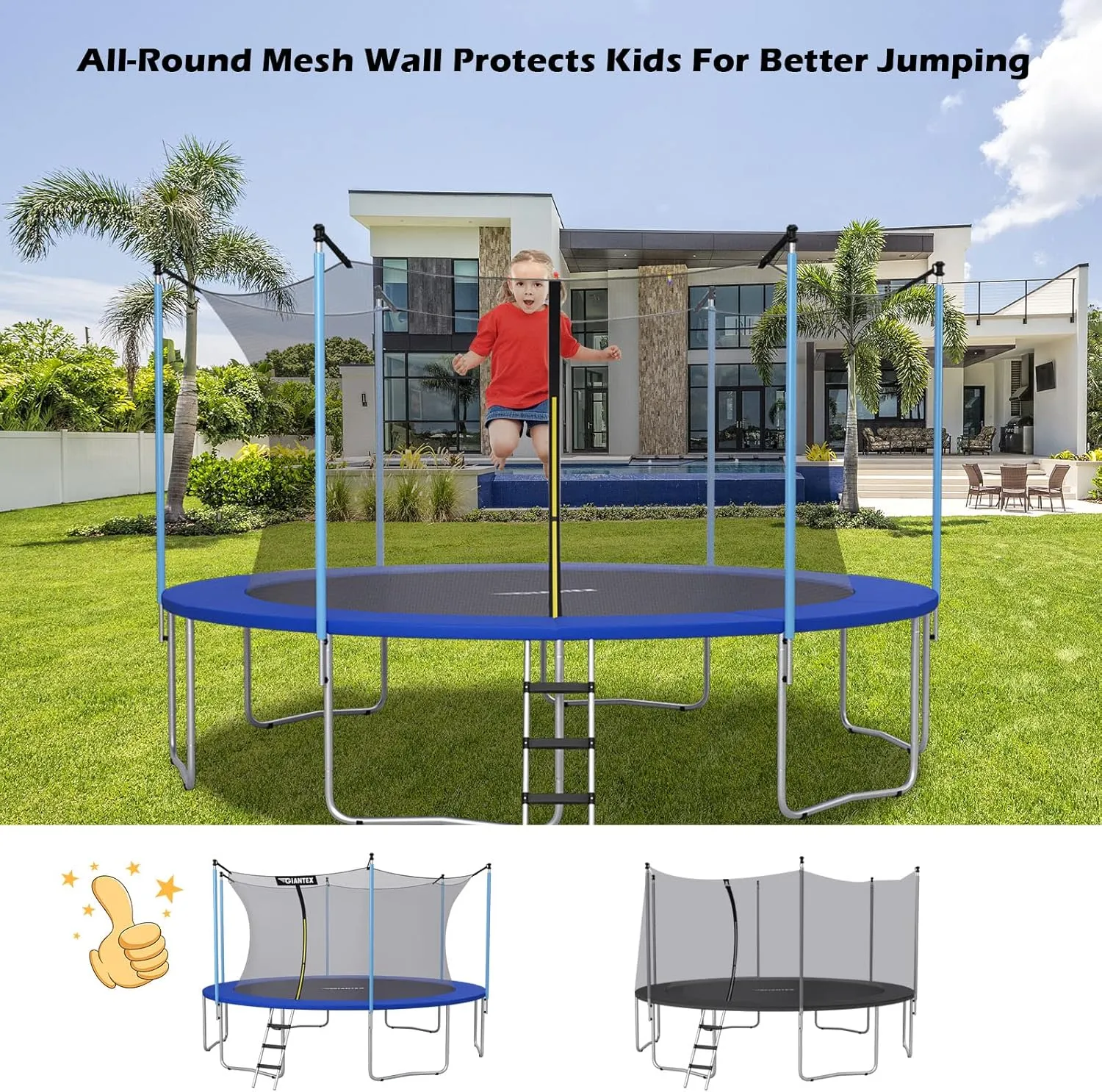 Giantex Trampoline Safety Net w/Adjustable Straps, 8 10 12 14 15 16Ft Weather-Resistant Replacement Enclosure Net with Double-Headed Zipper, Protection Buckle, Poles Not Included