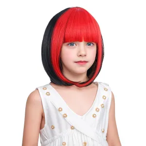 Girls Black Mixed Red Bob Wig Short Black and Red Bob Wig with Bangs for Kids Heat Resistant Synthetic Wig with Wig Cap