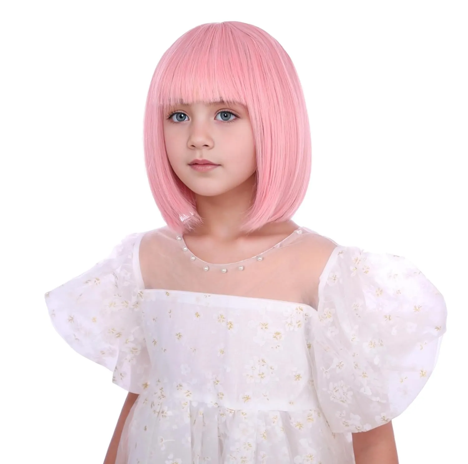 Girls Light Pink Bob Wig Kids Short Pastel Pink Bob Wig with Bangs for Child Heat Resistant Synthetic Hair with Cap