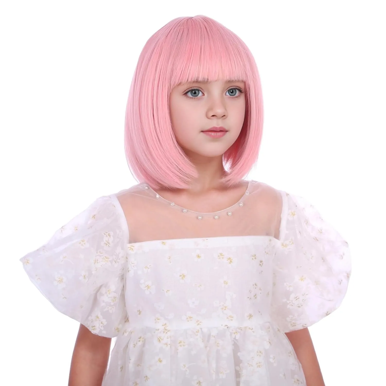 Girls Light Pink Bob Wig Kids Short Pastel Pink Bob Wig with Bangs for Child Heat Resistant Synthetic Hair with Cap