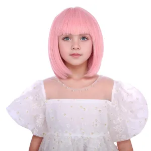 Girls Light Pink Bob Wig Kids Short Pastel Pink Bob Wig with Bangs for Child Heat Resistant Synthetic Hair with Cap