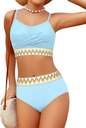 Girls Swimsuit 2 Piece Teen Criss Cross Bikini Set Woven Color Block Welt Bathing Suit for Girls Swimwear 9-18T