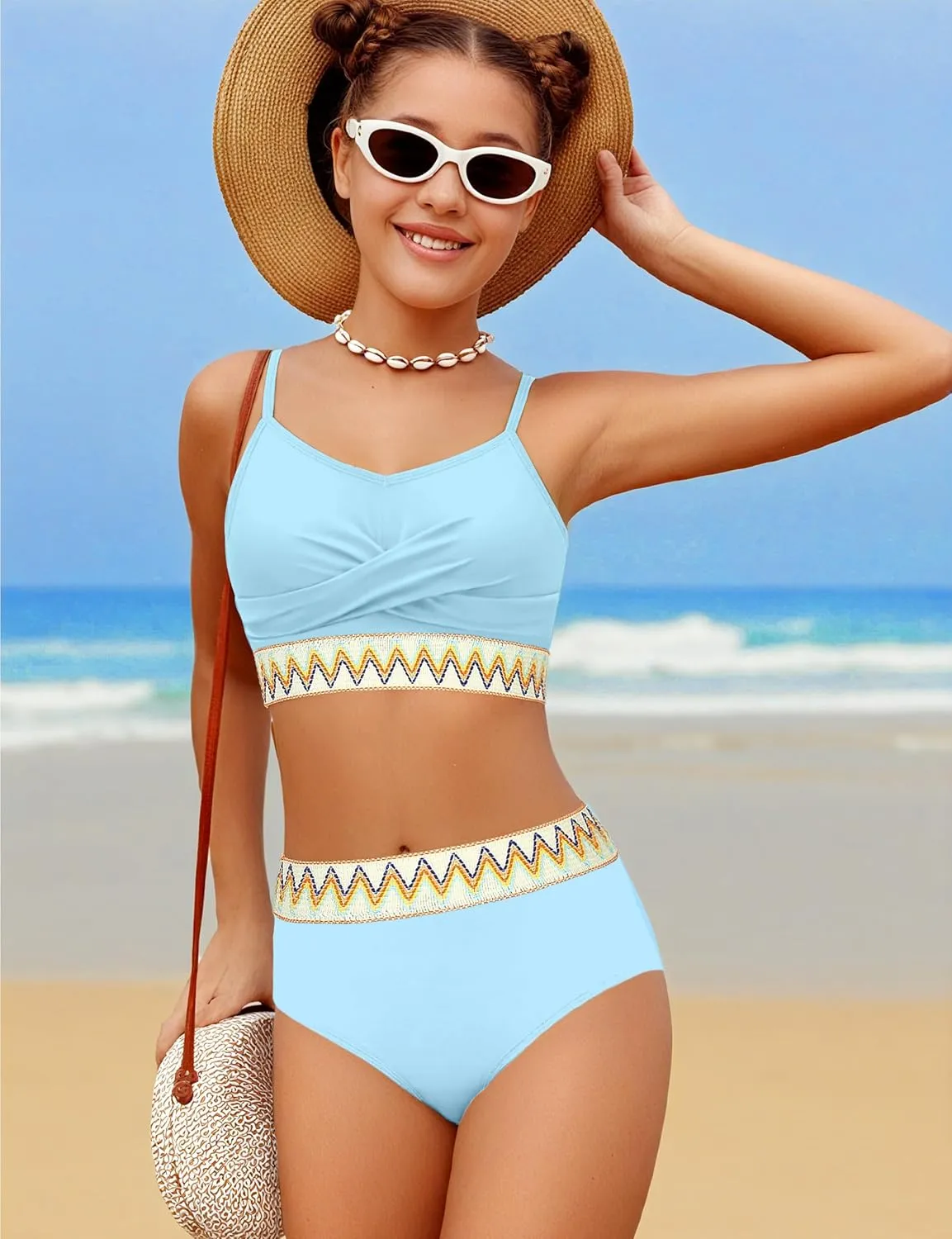 Girls Swimsuit 2 Piece Teen Criss Cross Bikini Set Woven Color Block Welt Bathing Suit for Girls Swimwear 9-18T