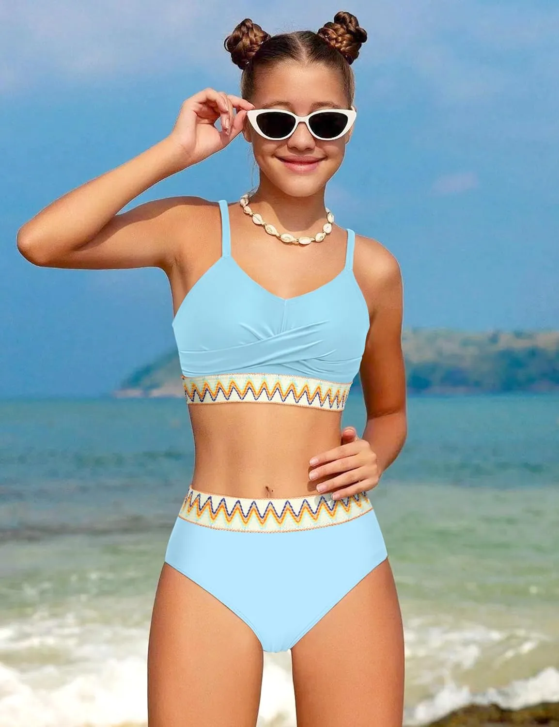 Girls Swimsuit 2 Piece Teen Criss Cross Bikini Set Woven Color Block Welt Bathing Suit for Girls Swimwear 9-18T