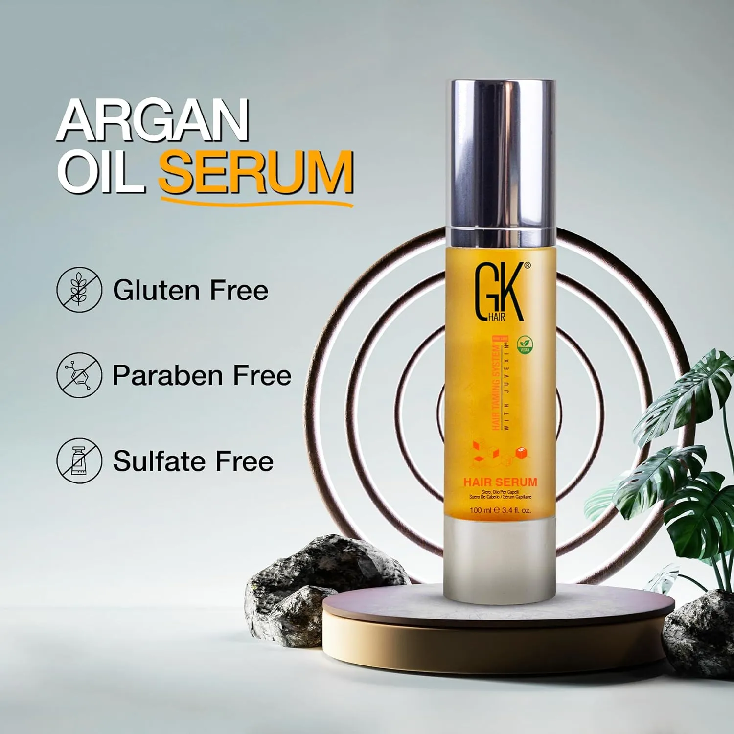Global Keratin GKHAIR Smoothing Serum (Pack of 1/3.4 fl oz) - 100% Pure Organic Argan Oil | Hydrating Strength Shine Dry Damaged Repair Anti-Frizz Moistures Nourishment