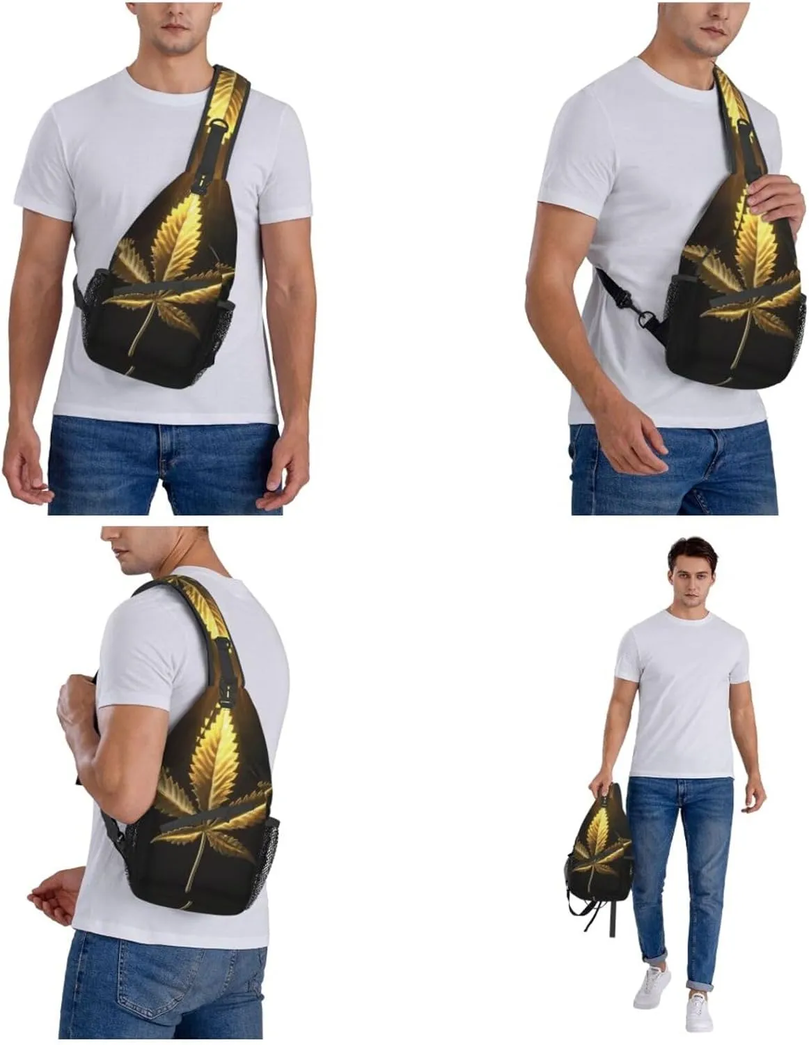 Golden Cannabis Print Men'S Casual Crossbody Chest Bag - A Versatile Accessory For Everyday Use And Short Trips