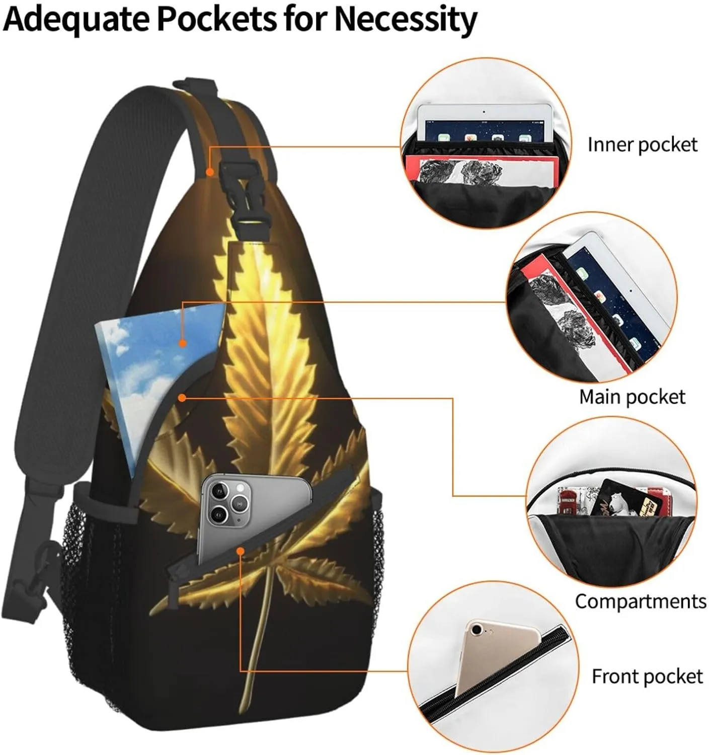 Golden Cannabis Print Men'S Casual Crossbody Chest Bag - A Versatile Accessory For Everyday Use And Short Trips