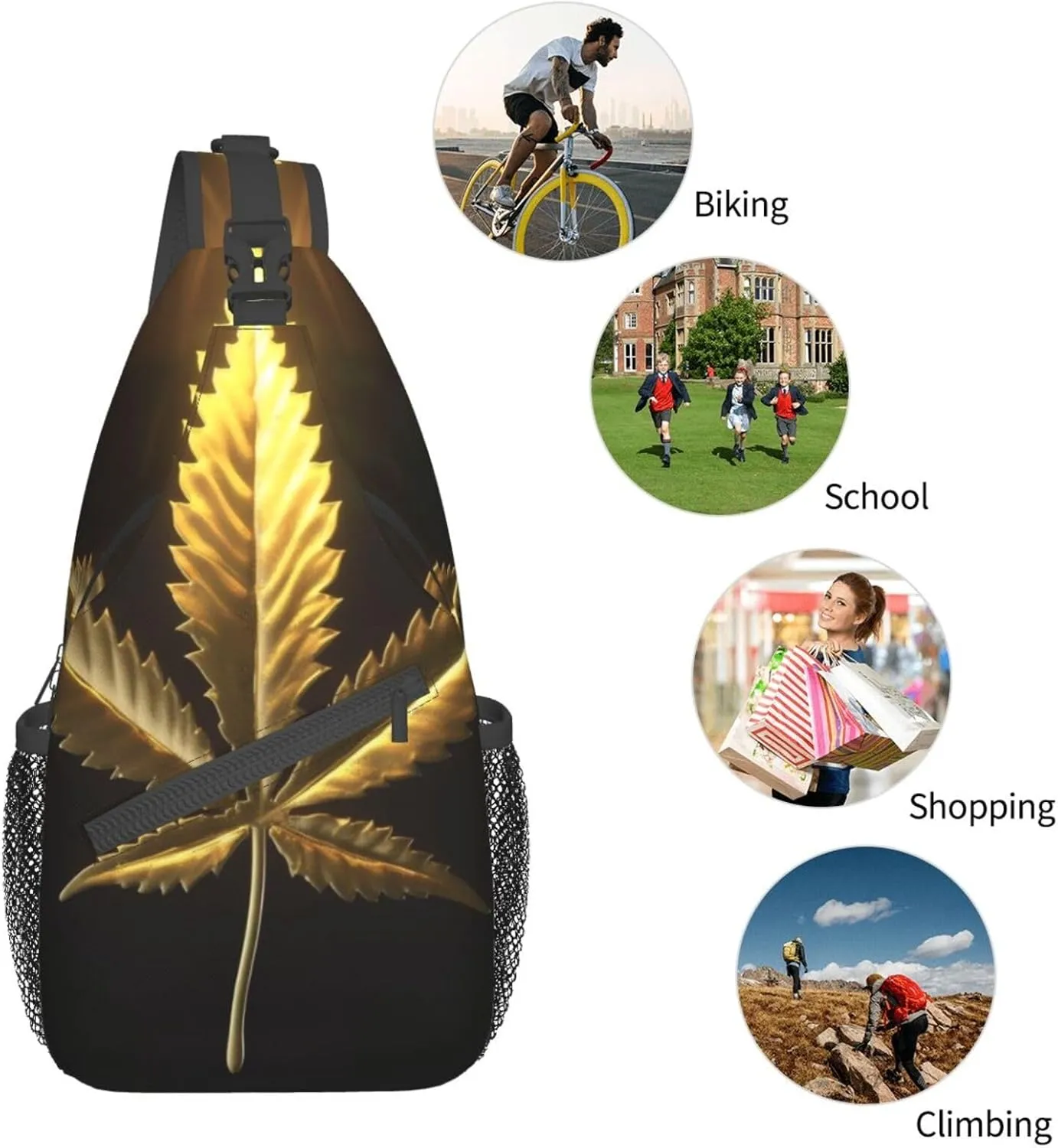 Golden Cannabis Print Men'S Casual Crossbody Chest Bag - A Versatile Accessory For Everyday Use And Short Trips