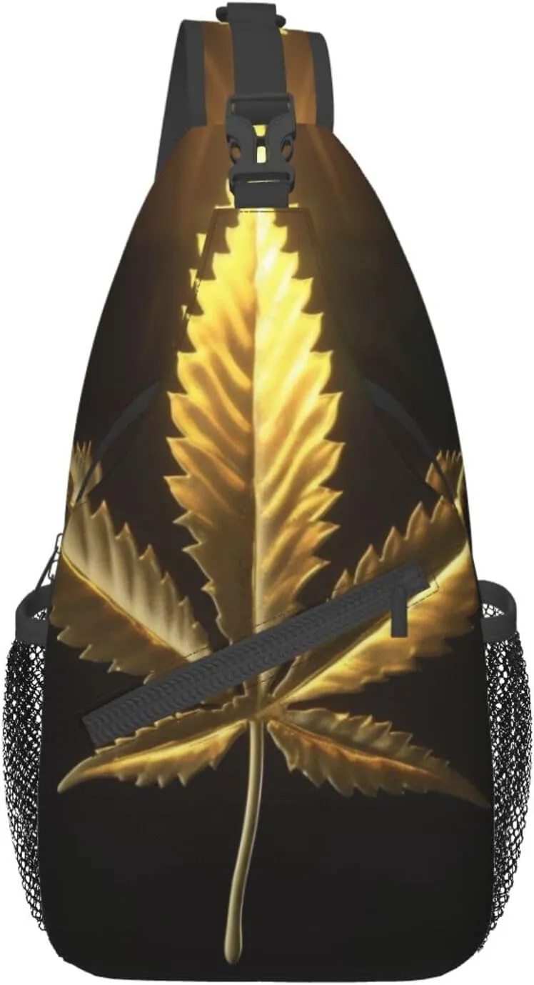 Golden Cannabis Print Men'S Casual Crossbody Chest Bag - A Versatile Accessory For Everyday Use And Short Trips