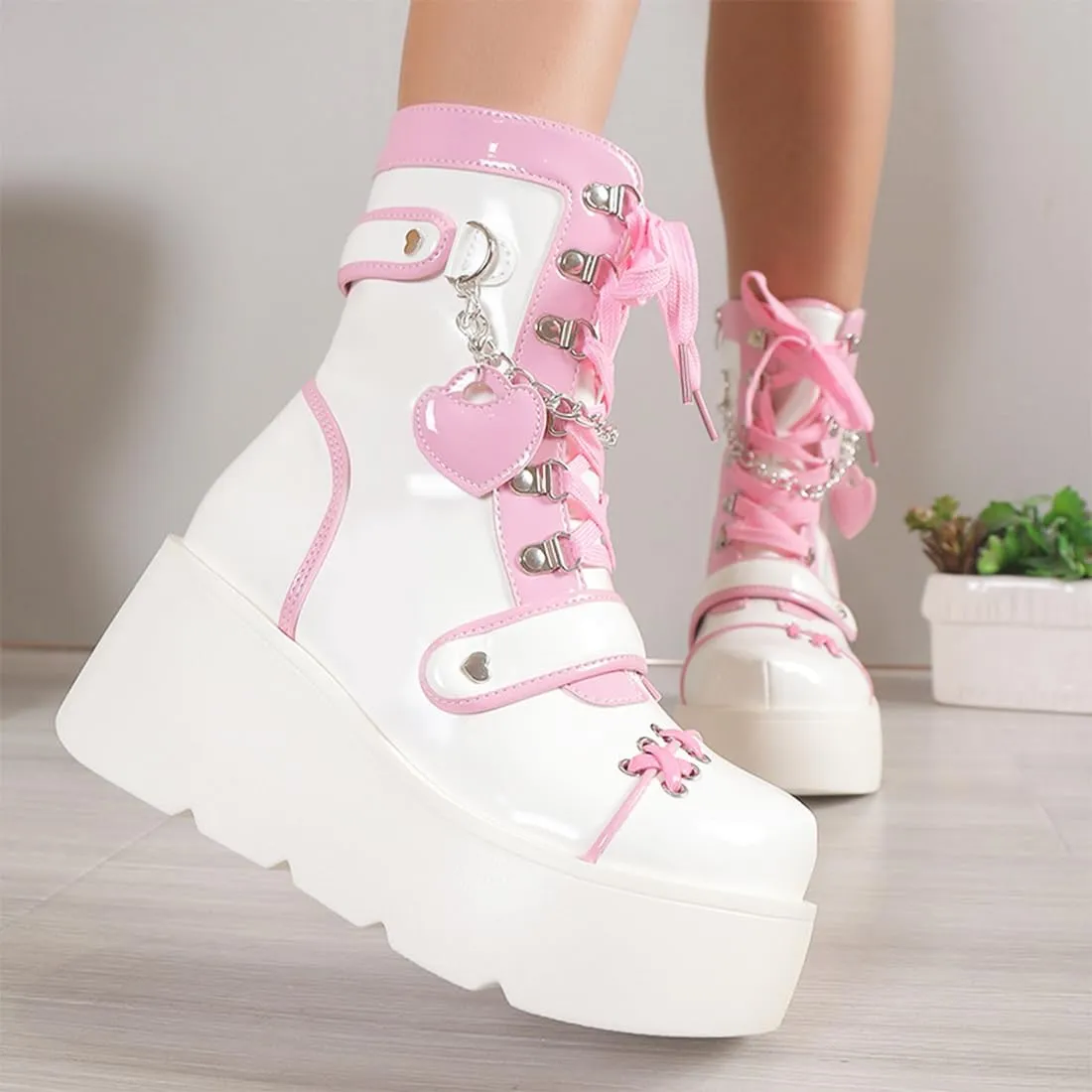 Goth Platform Buckle Boots for Women's Chunky High Heel Lace Up Punk Motorcycle Combat Boots with Chain