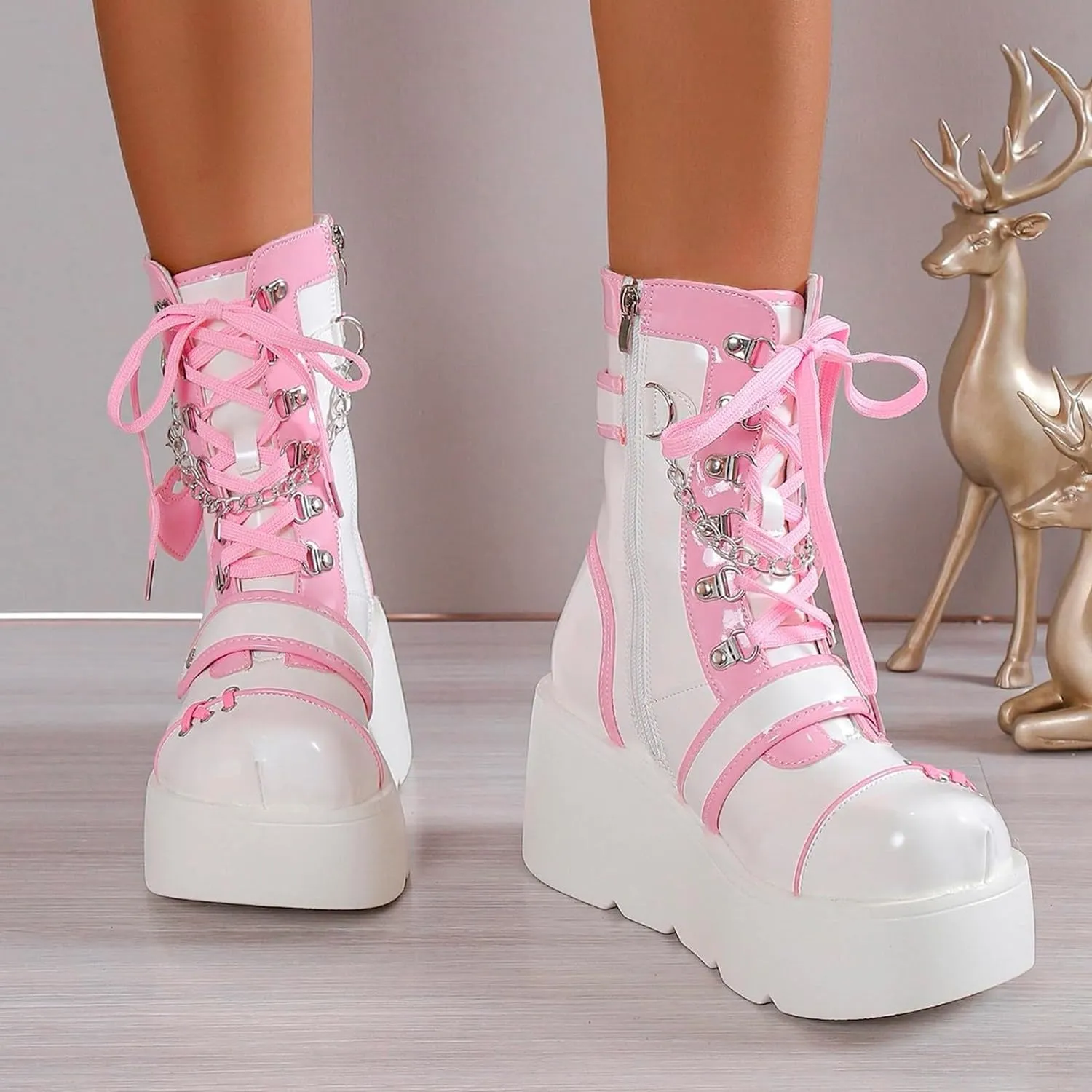 Goth Platform Buckle Boots for Women's Chunky High Heel Lace Up Punk Motorcycle Combat Boots with Chain