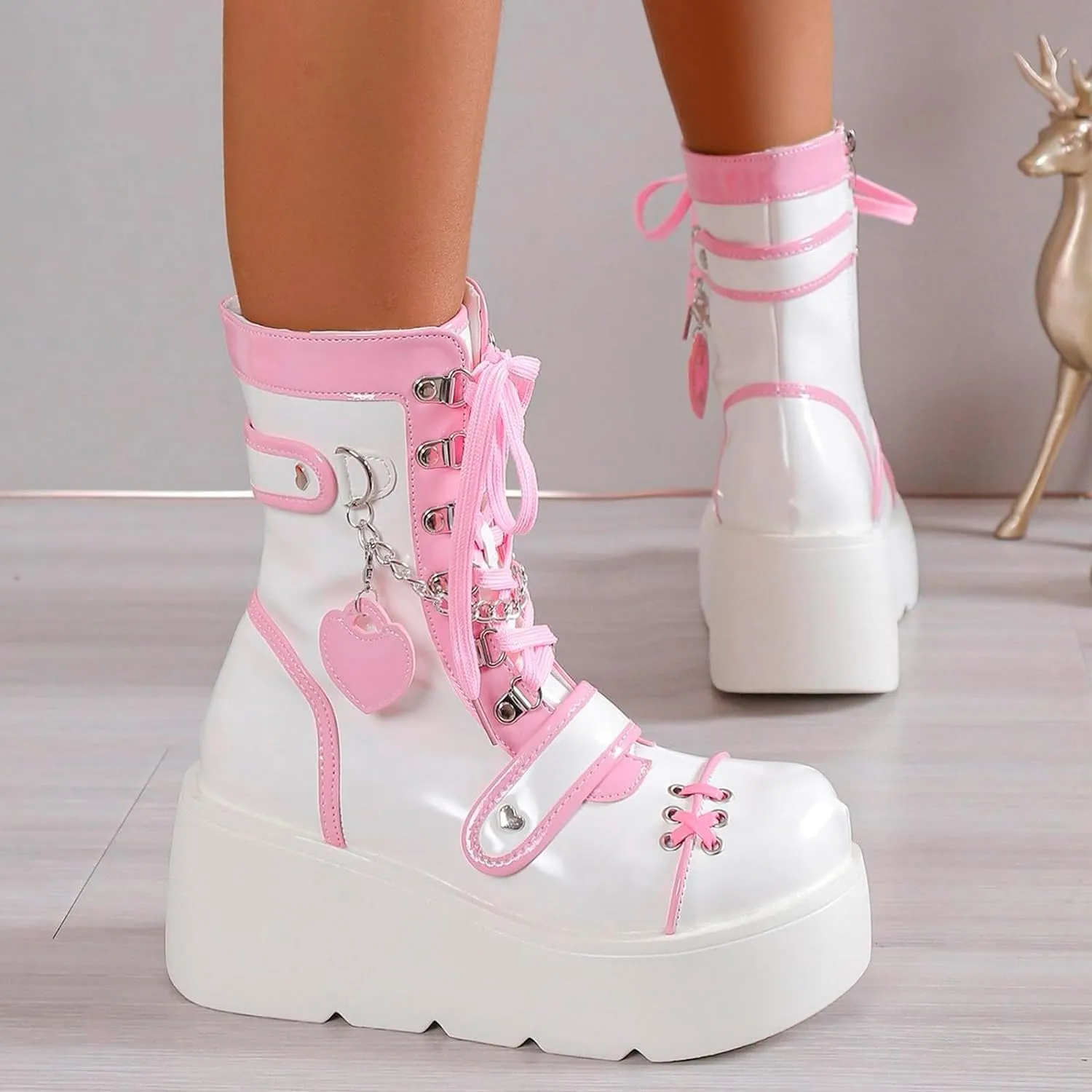 Goth Platform Buckle Boots for Women's Chunky High Heel Lace Up Punk Motorcycle Combat Boots with Chain