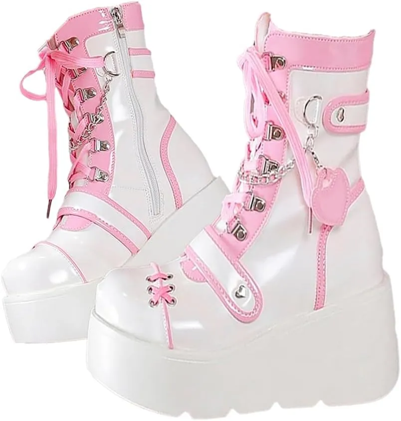 Goth Platform Buckle Boots for Women's Chunky High Heel Lace Up Punk Motorcycle Combat Boots with Chain