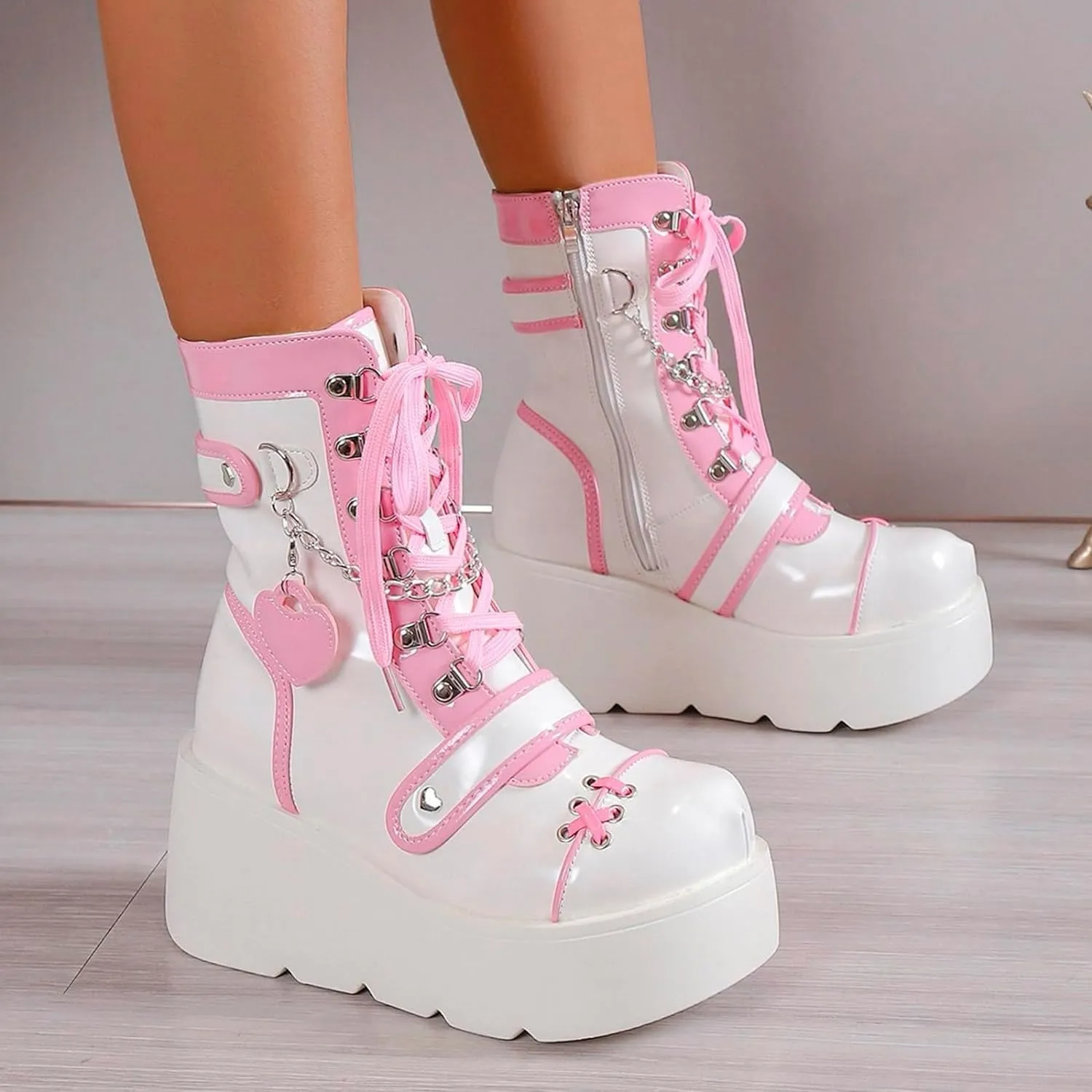 Goth Platform Buckle Boots for Women's Chunky High Heel Lace Up Punk Motorcycle Combat Boots with Chain