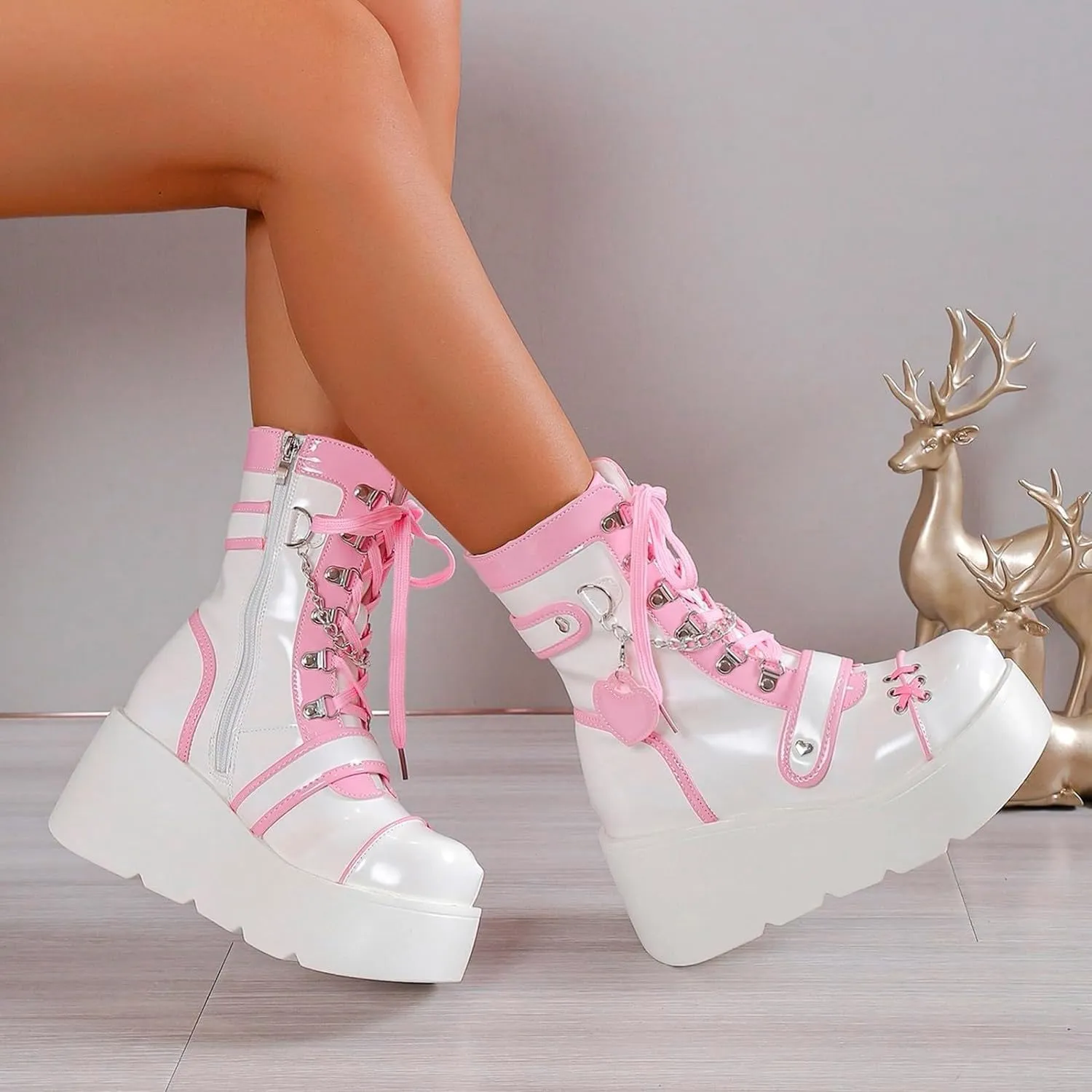 Goth Platform Buckle Boots for Women's Chunky High Heel Lace Up Punk Motorcycle Combat Boots with Chain