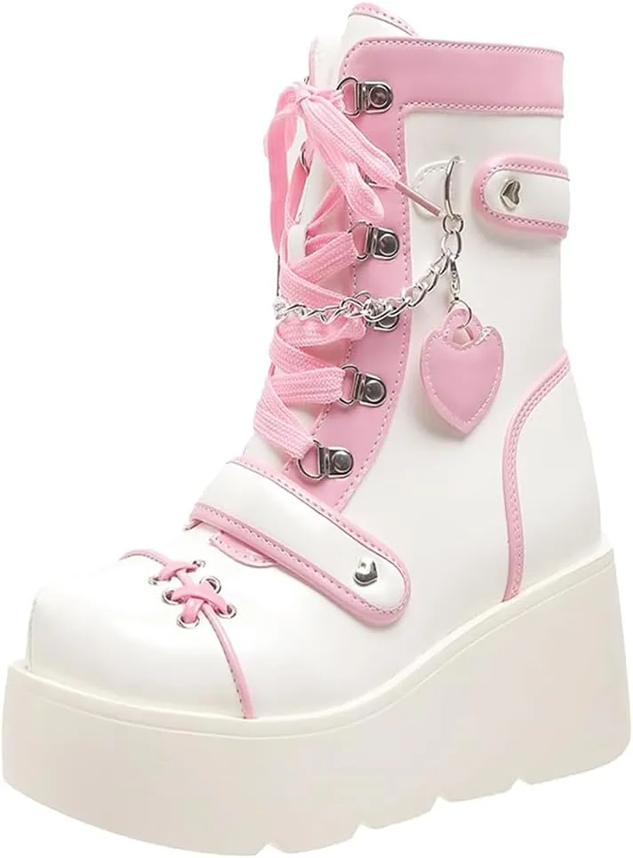 Goth Platform Buckle Boots for Women's Chunky High Heel Lace Up Punk Motorcycle Combat Boots with Chain