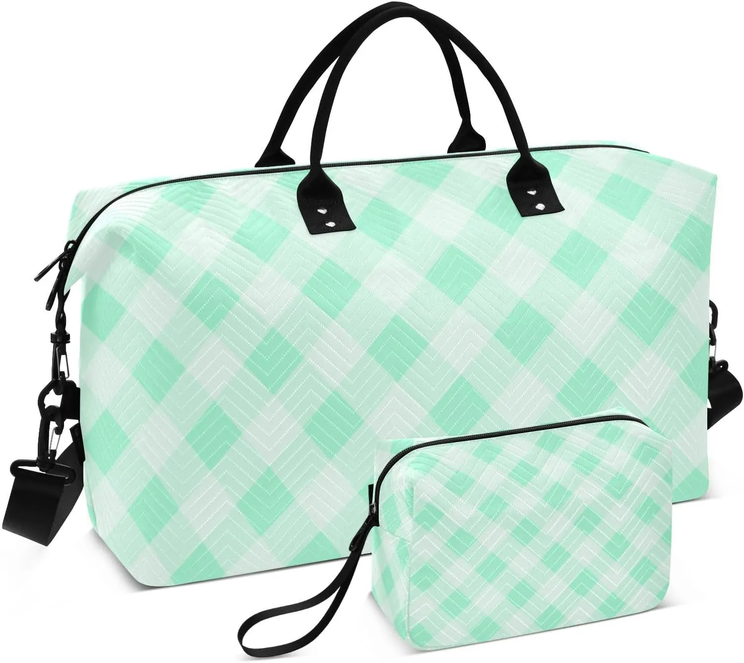 Greenish White Square Travel Bag Carry On Personal Item Bag Gym Bag with Toiletry Bag for Travel Multifunctional