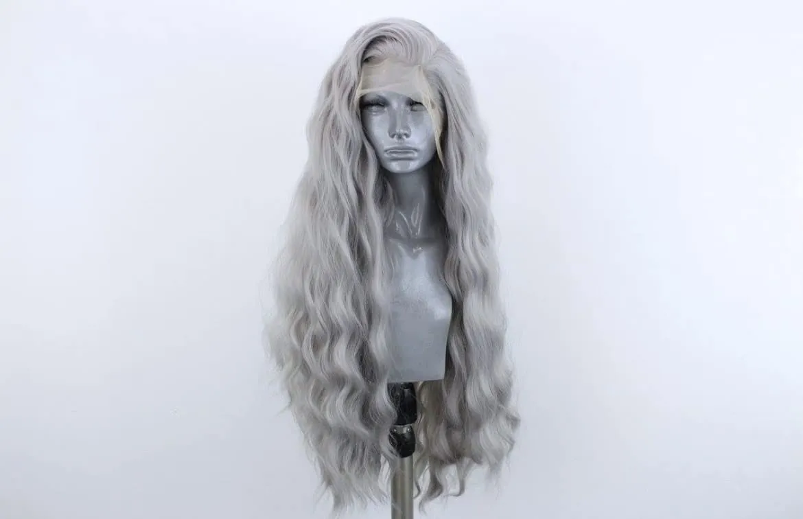 Grey Long Curly Synthetic Lace Front Wigs for Women Middle Part Natural Hairline Lace Wigs Daily Party Use