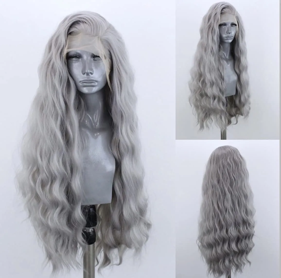 Grey Long Curly Synthetic Lace Front Wigs for Women Middle Part Natural Hairline Lace Wigs Daily Party Use