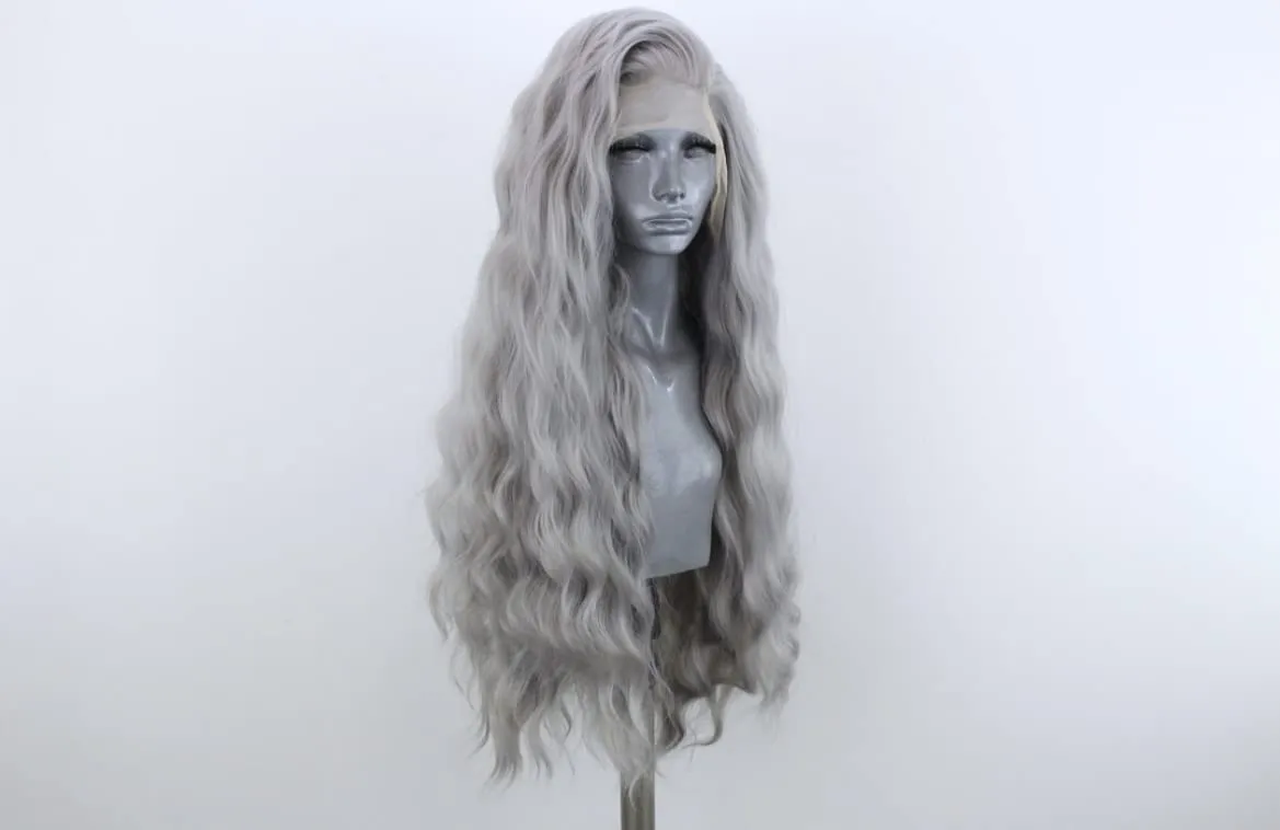 Grey Long Curly Synthetic Lace Front Wigs for Women Middle Part Natural Hairline Lace Wigs Daily Party Use
