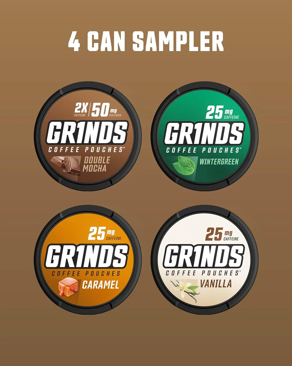 Grinds Coffee Pouches | Top 4 Flavors | Wintergreen, Caramel, Double Mocha, & Vanilla | 1 Pouch eq. 1/4 Cup of Coffee (Top 4 Flavors)