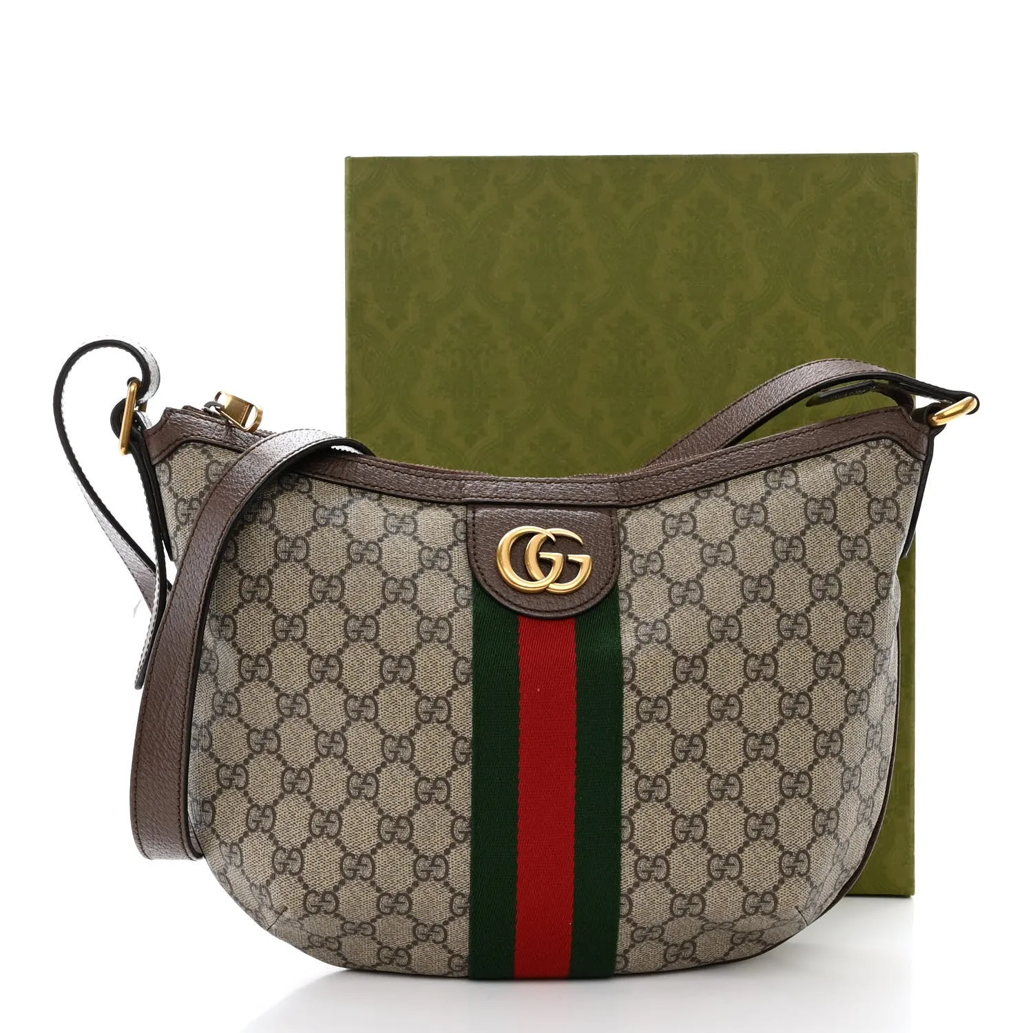 GUCCI GG SUPREME MONOGRAM WEB OPHIDIA HALF MOON HOBO BAG