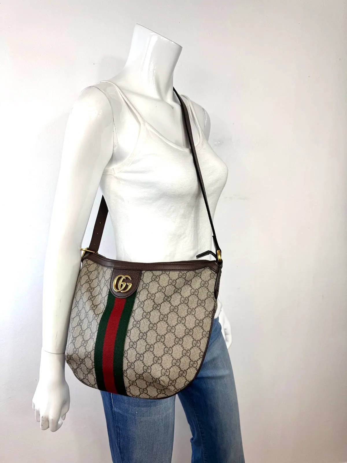 GUCCI GG SUPREME MONOGRAM WEB OPHIDIA HALF MOON HOBO BAG