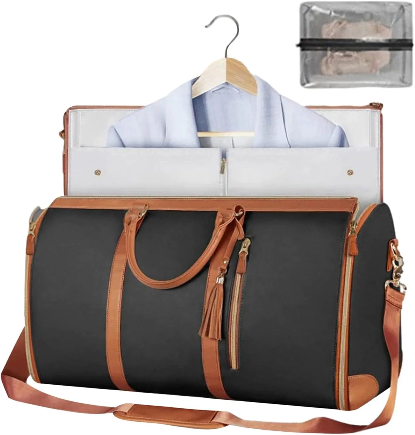 Gym Bag, Garment Bags for Travel, Weekender Bag Made Durable PU Leather Adopting Hanger Design Easy Storage and Carrying, Personal Item Travel Bag for Travel Beach Trips and Camping (black)