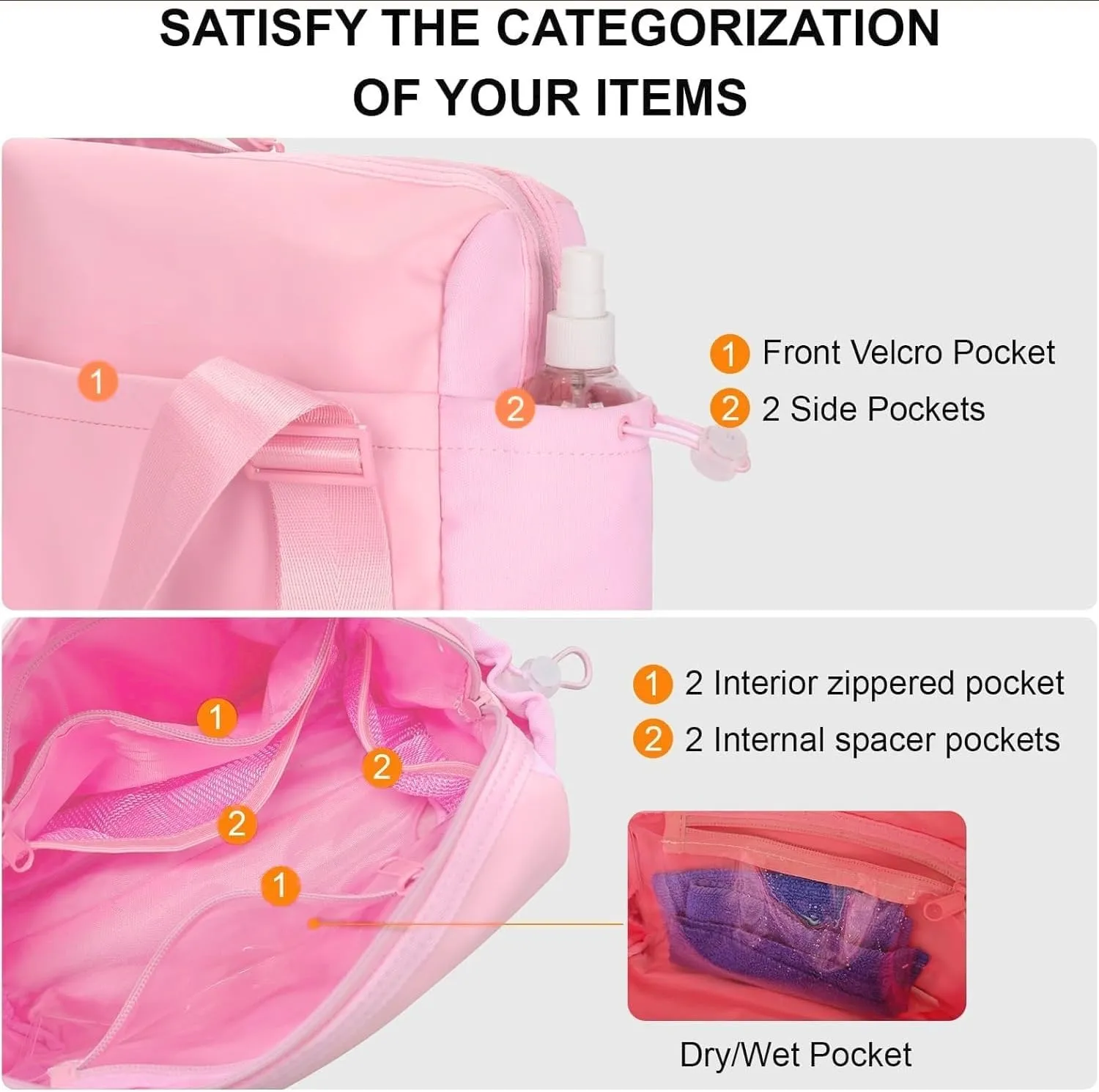 Gym Bag, Multi-Pockets Luggage Bag, Carry On Bag for Women, Adjustable Shoulder Strap Travel Duffle Bag with Dry/Wet Pocket, High Volume Overnight Duffle Bag for Travel, Gym (Pink)