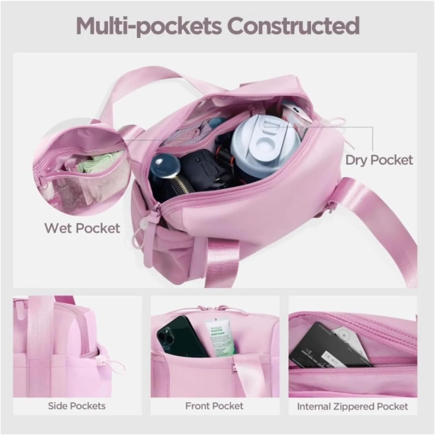 Gym Bag, Multi-Pockets Luggage Bag, Carry On Bag for Women, Adjustable Shoulder Strap Travel Duffle Bag with Dry/Wet Pocket, High Volume Overnight Duffle Bag for Travel, Gym (Pink)
